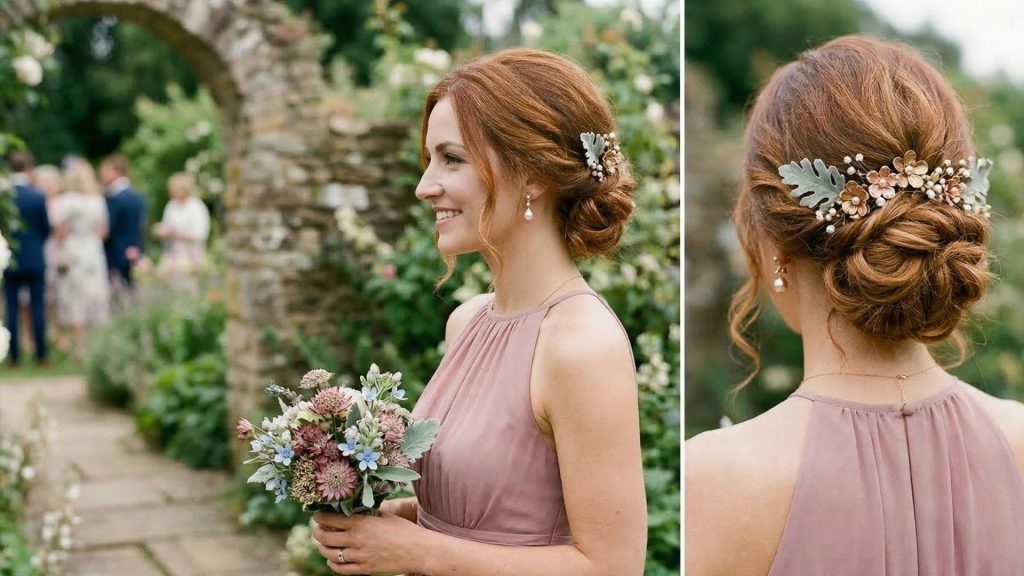 niski kok z włosów do ramion na wesele w stylu messy bun